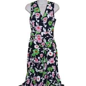 WHO WHAT WEAR Floral V Neck Sleeveless Twist Waist Midi Dress Women's XS
